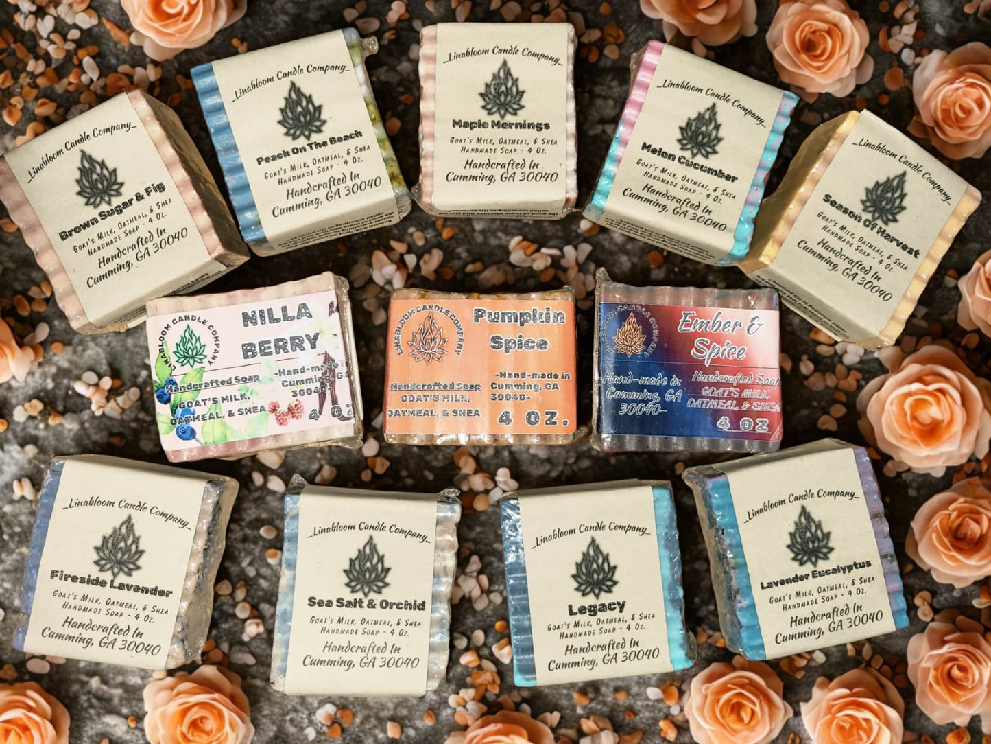 Handmade goat's-milk bar soap by LinaBloom — oatmeal, shea butter, jojoba, and argan oil; available in ten scents