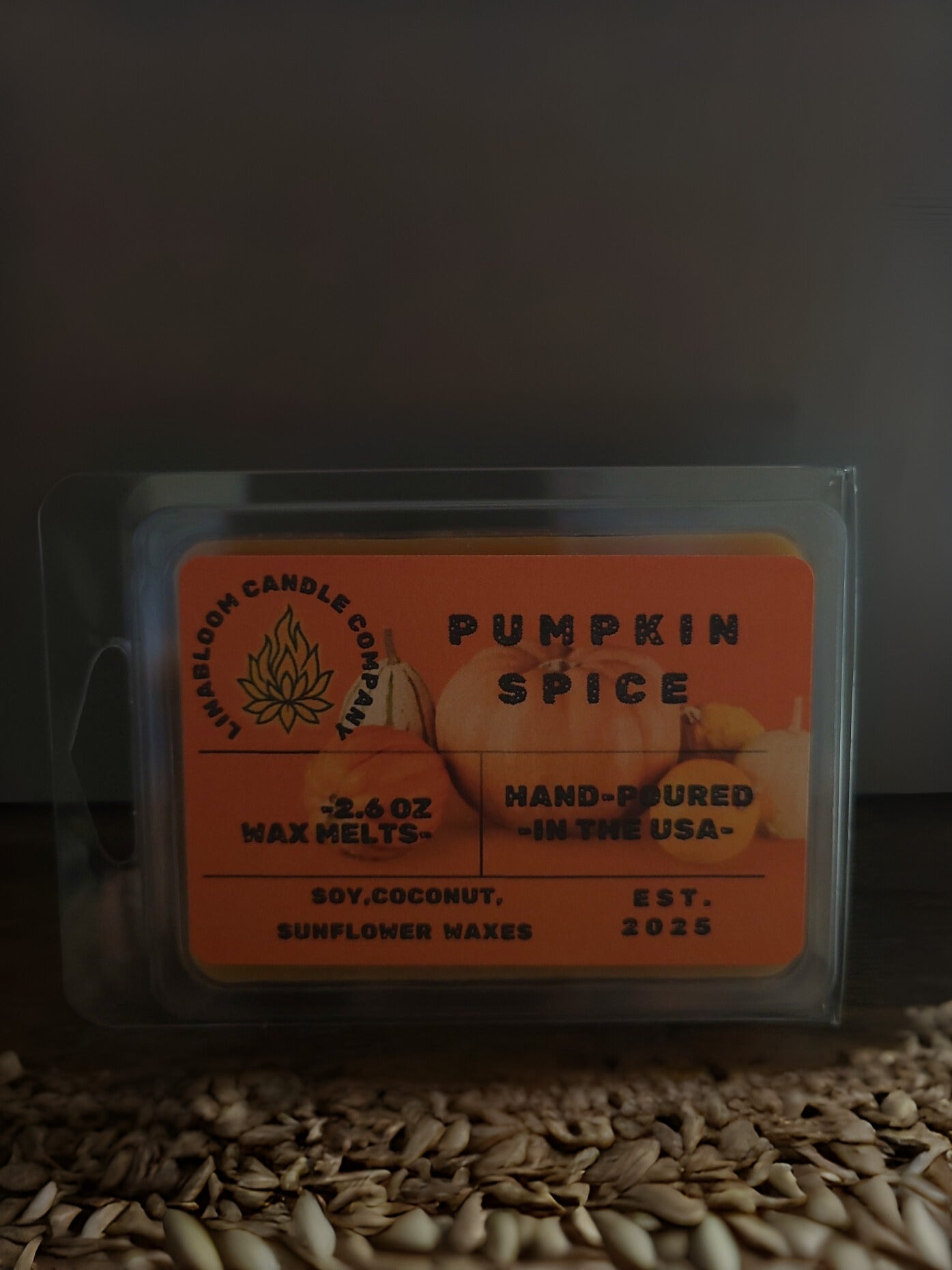 Pumpkin Spice 2.6oz clamshell wax melt by LinaBloom — real pumpkin and warm spice