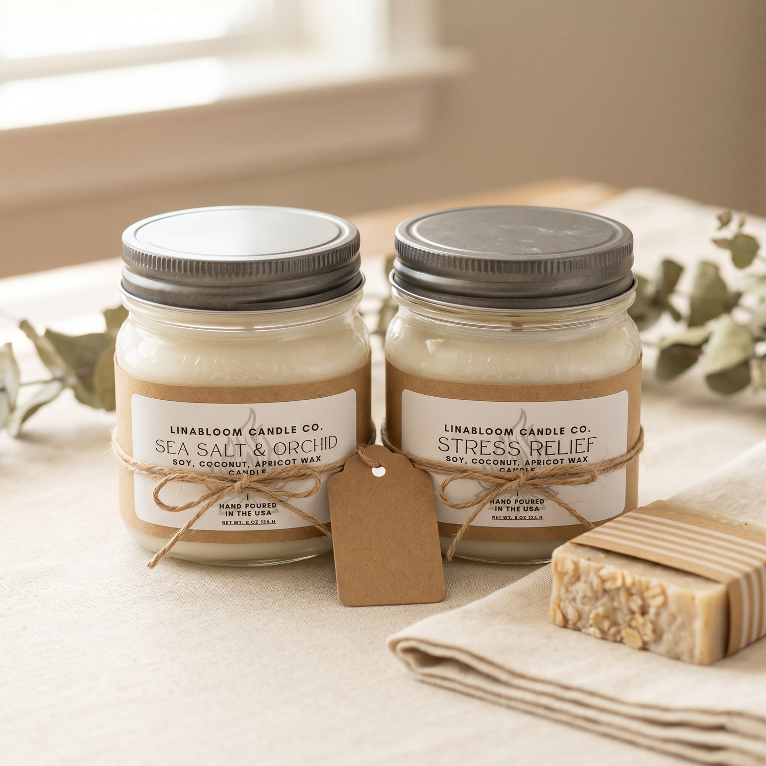Bundles and Gift Sets collection — Sea Salt & Orchid and Stress Relief candles wrapped in kraft paper with a hang-tag and a handmade soap