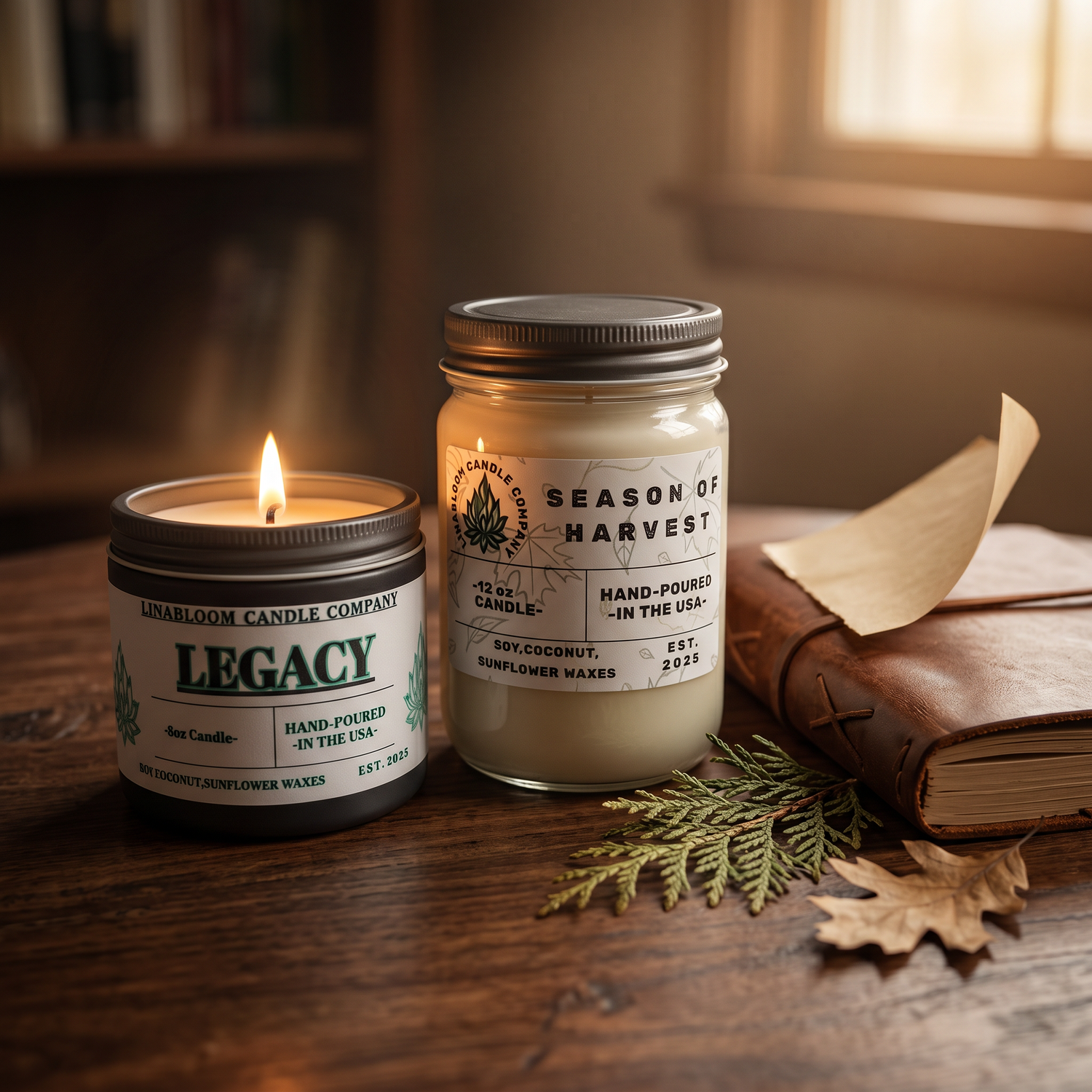 Woody candle collection — Legacy and Season of Harvest on a walnut table with a leather-bound book and dried cedar