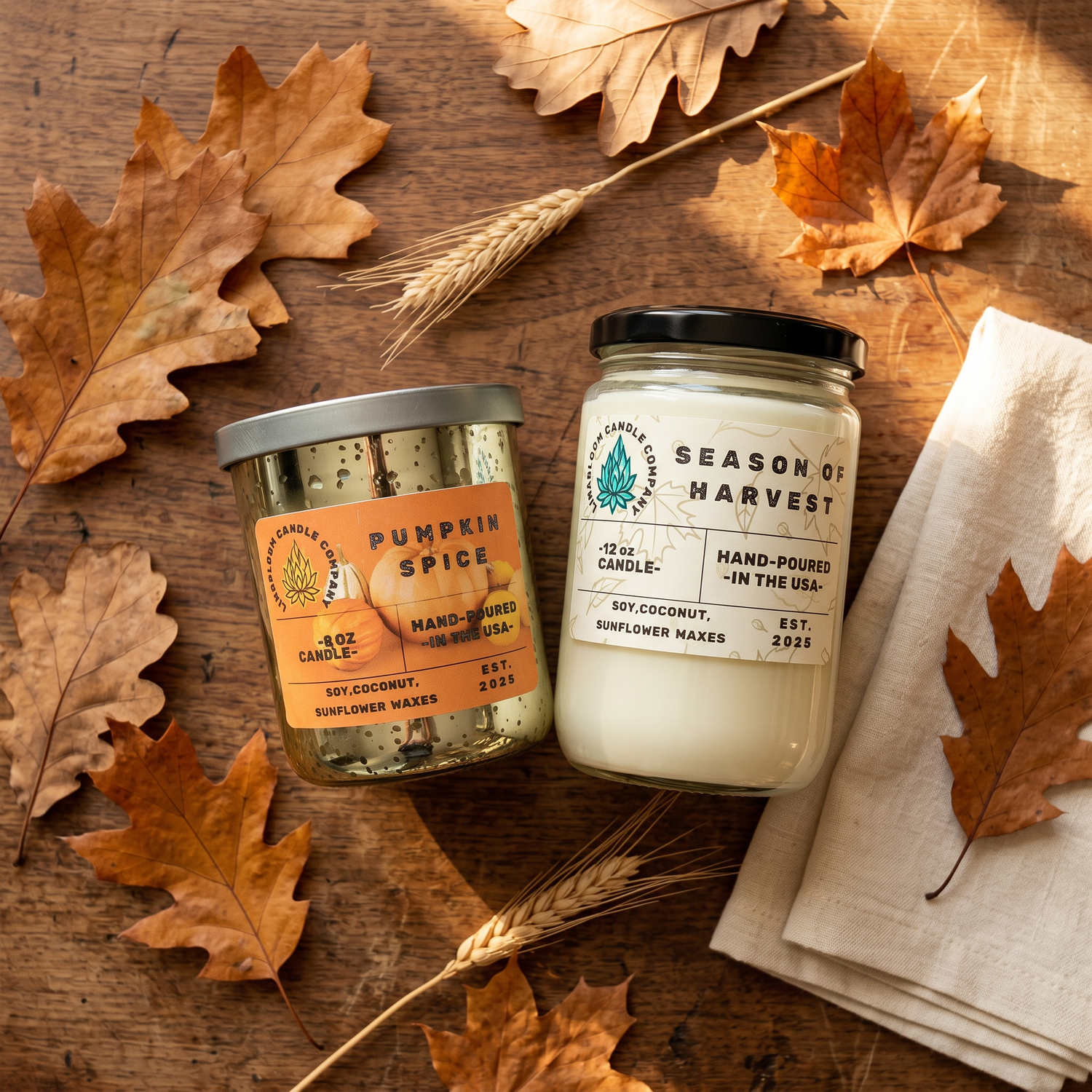 Fall and Winter candle collection — Pumpkin Spice and Season of Harvest with autumn oak and maple leaves