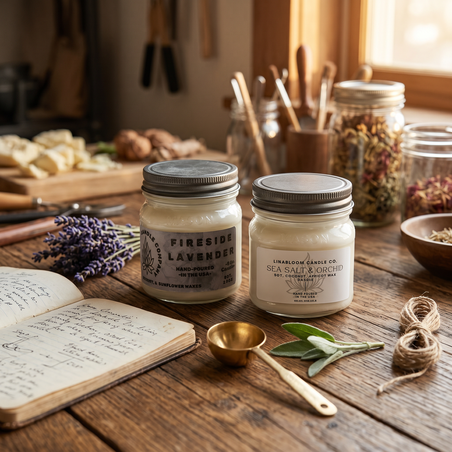 Maker's Picks collection — Fireside Lavender and Sea Salt & Orchid on a worn oak workbench with a notebook, brass scoop, and dried herbs