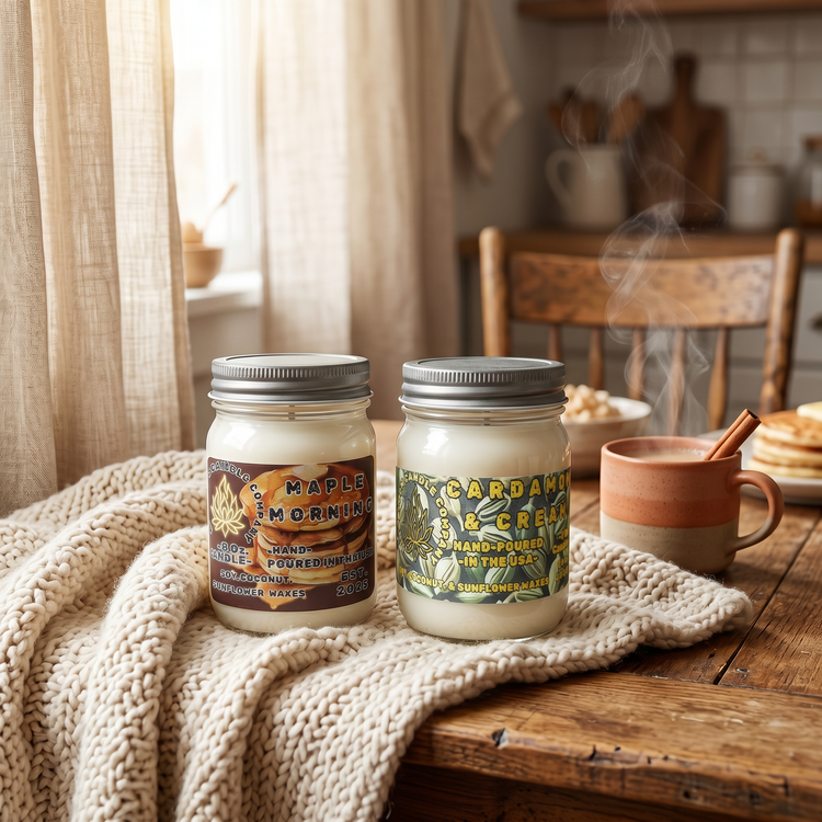 Cozy candle collection — Maple Mornings and Cardamom & Cream candles on a knit blanket in a warm kitchen scene