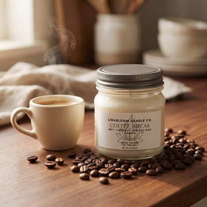 Coffee Break 8oz LinaBloom candle on a warm wood counter beside a steaming espresso cup and roasted coffee beans