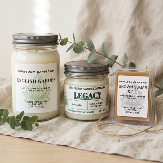 Three LinaBloom Candle Co. products — Legacy 8oz, English Garden 12oz, and Brown Sugar & Fig 2.6oz clamshell — arranged on linen