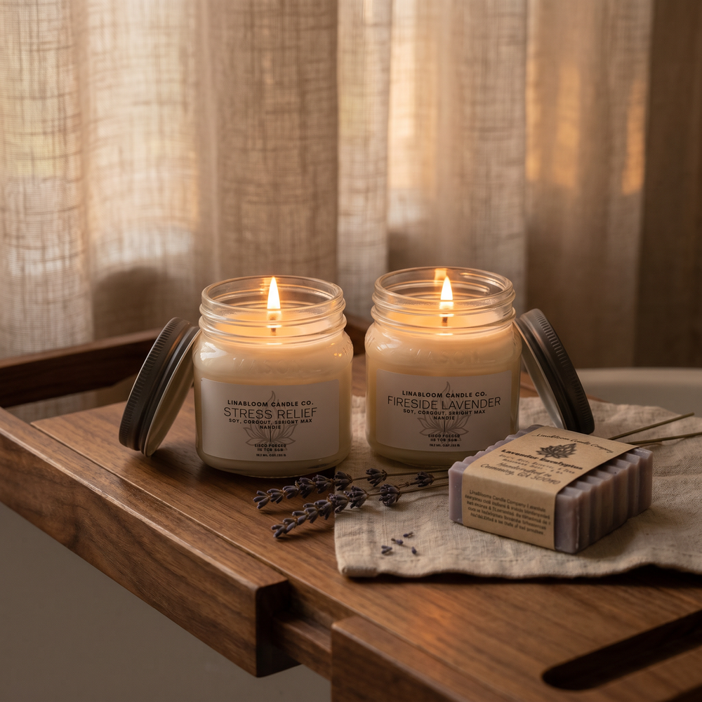 Cozy Night In — Stress Relief and Fireside Lavender 8oz candles glowing on a walnut bath caddy with Lavender Eucalyptus bar soap and dried lavender