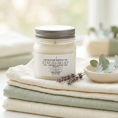 Stress Relief 8oz LinaBloom candle on folded sage and cream linen with dried lavender and eucalyptus