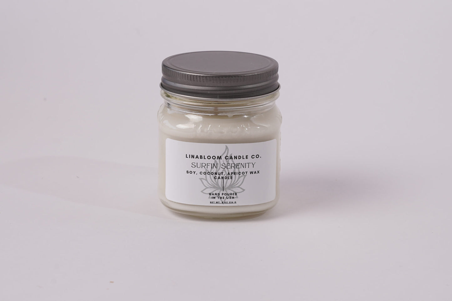 Surfin' Serenity 8oz soy candle by LinaBloom — sea salt, coconut milk, and sun-warmed sand