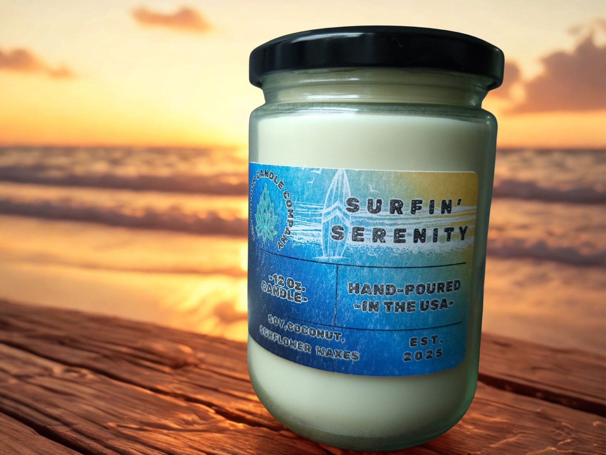 Surfin' Serenity 12oz hand-poured soy candle by LinaBloom — coconut milk, sea salt, and warm sand