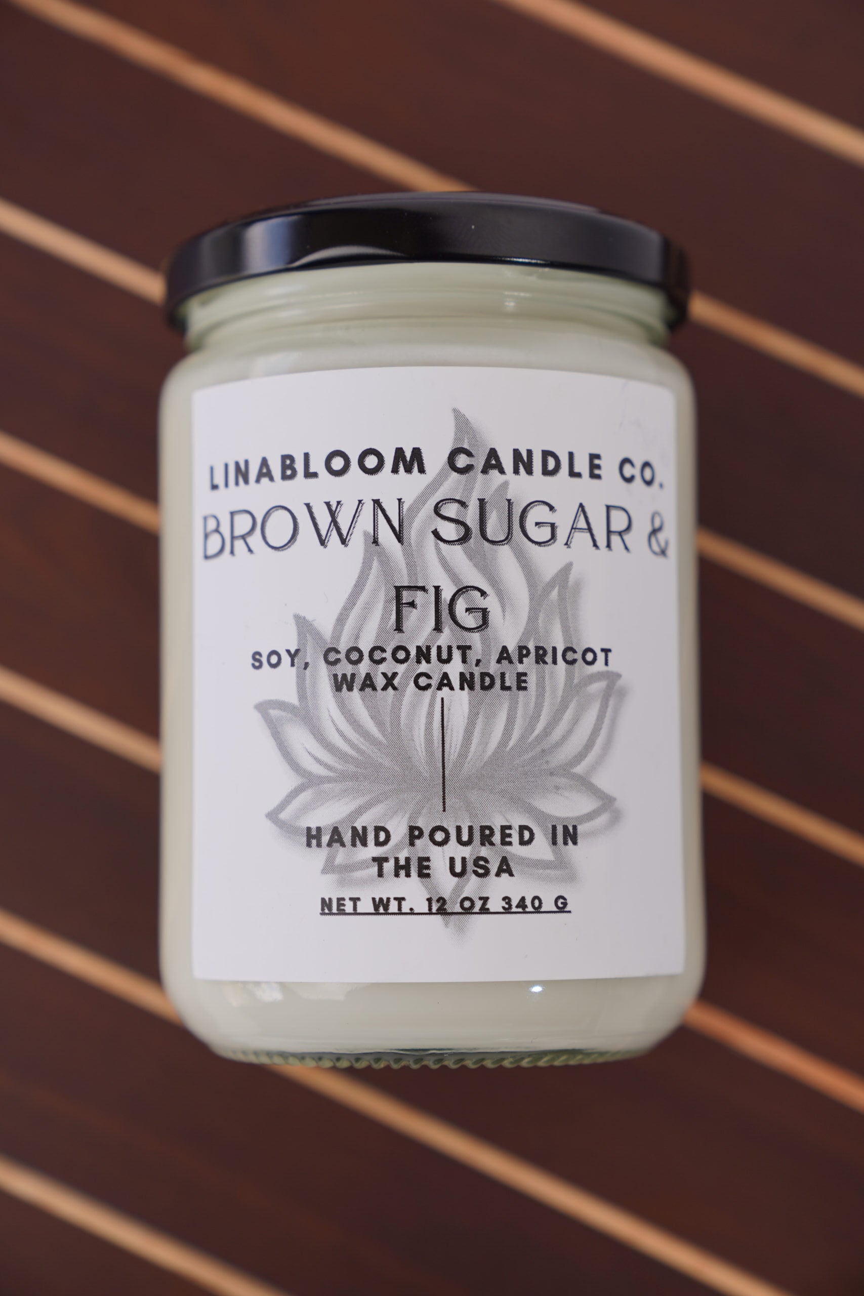 Brown Sugar & Fig 12oz hand-poured soy candle by LinaBloom — caramelized brown sugar, ripe fig, and vanilla