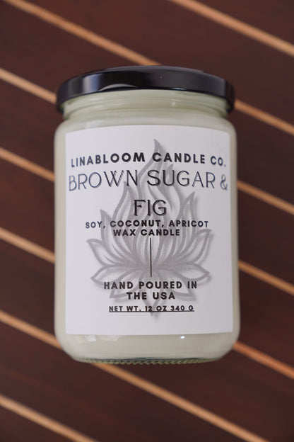Brown Sugar & Fig 12oz hand-poured soy candle by LinaBloom — caramelized brown sugar, ripe fig, and vanilla