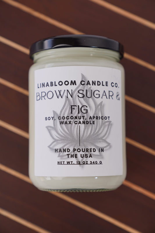 Brown Sugar & Fig 12oz hand-poured soy candle by LinaBloom — caramelized brown sugar, ripe fig, and vanilla