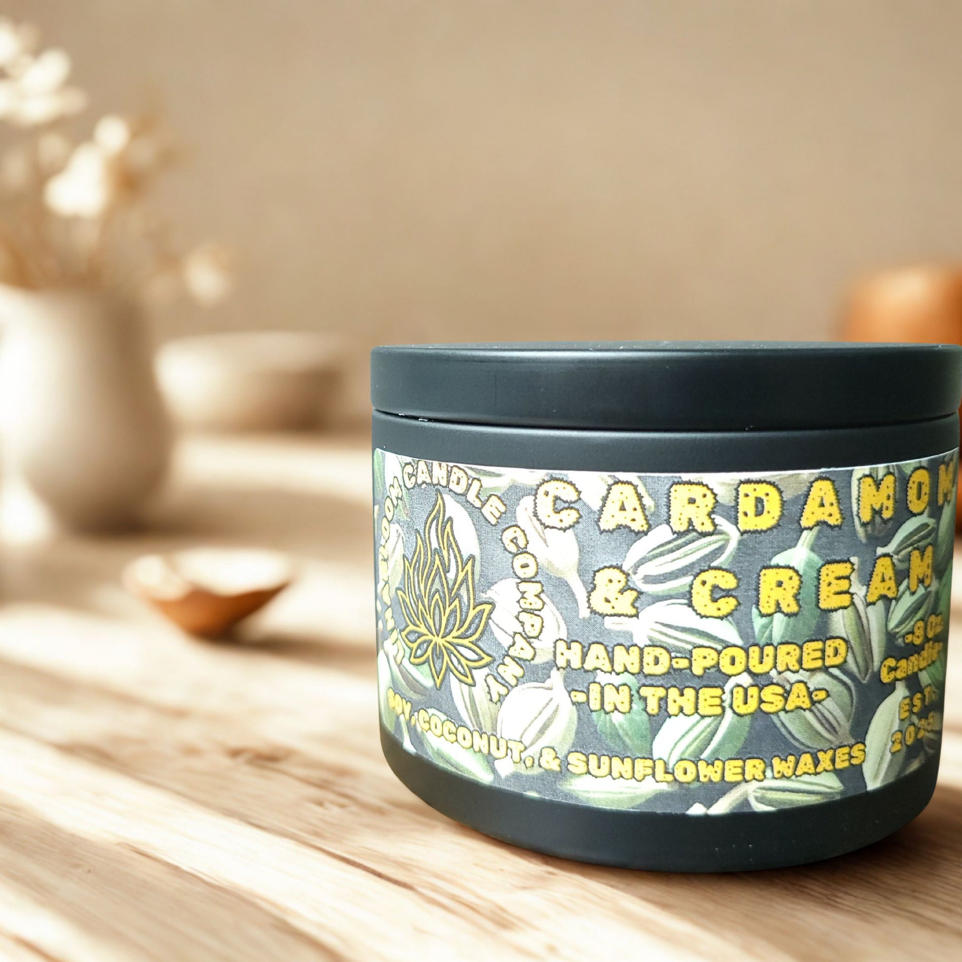 Cardamom & Cream 8oz hand-poured soy candle by LinaBloom — cardamom, cinnamon bark, and vanilla cream