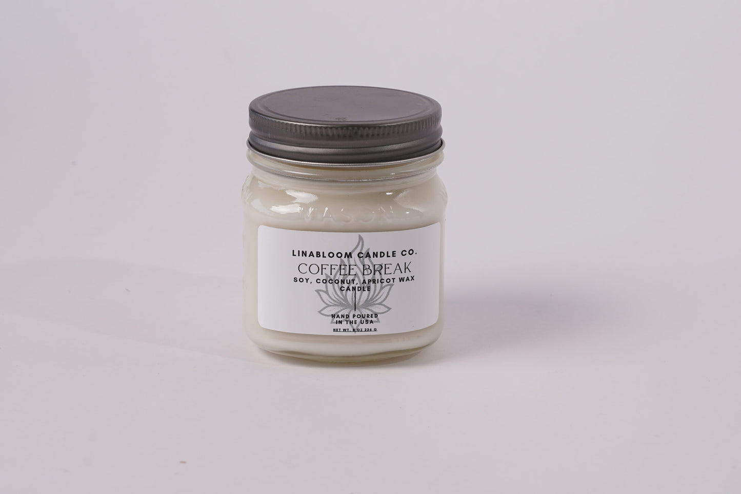 Coffee Break 8oz hand-poured soy candle by LinaBloom — roasted espresso, cocoa nib, and steamed milk