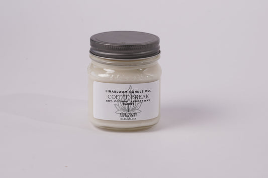 Coffee Break 8oz hand-poured soy candle by LinaBloom — roasted espresso, cocoa nib, and steamed milk