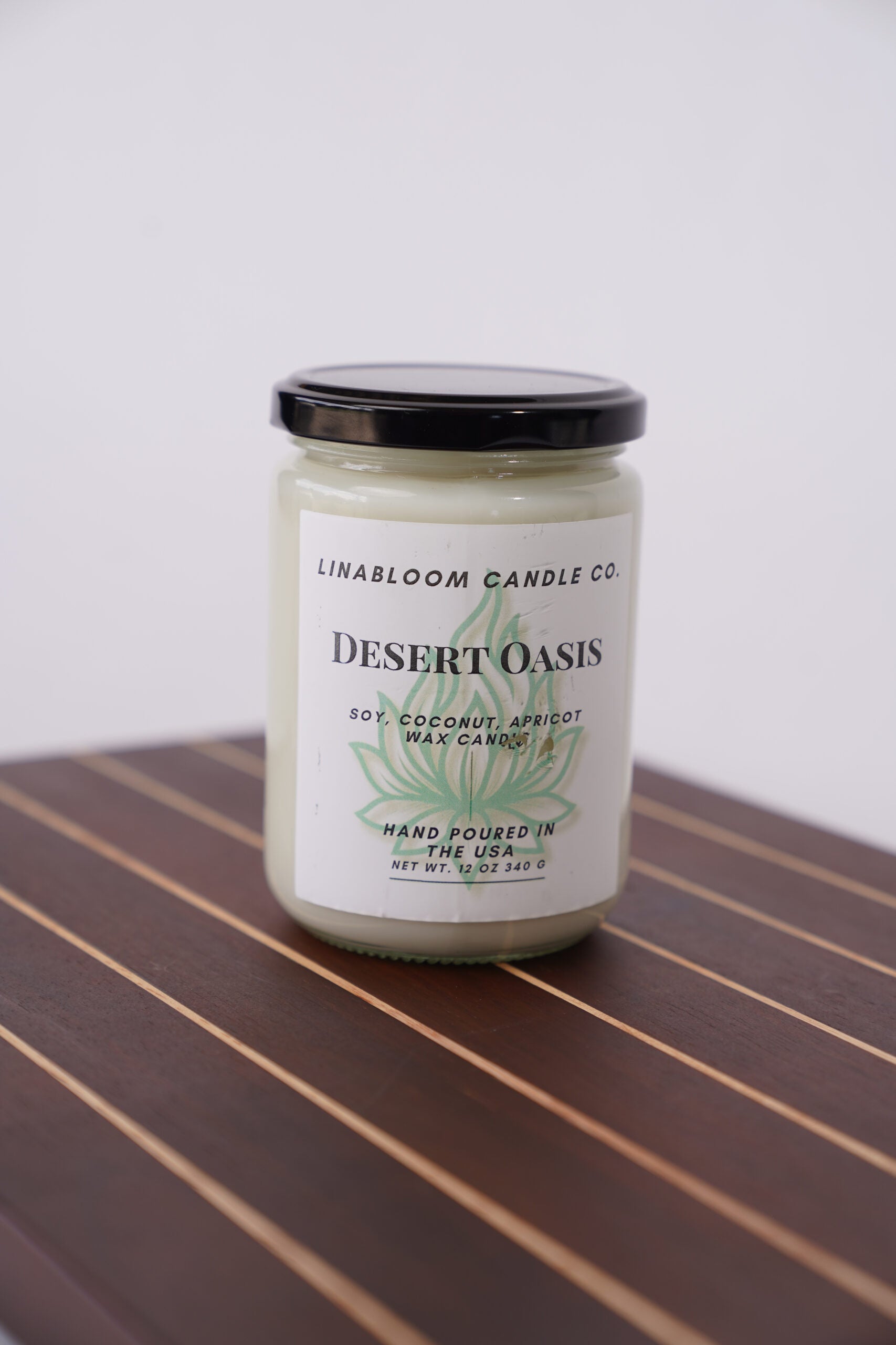 Desert Oasis 12oz hand-poured soy candle by LinaBloom — dry sage, cedar, vetiver, and amber