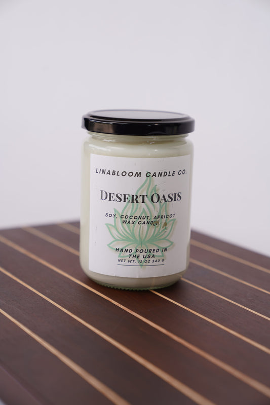 Desert Oasis 12oz hand-poured soy candle by LinaBloom — dry sage, cedar, vetiver, and amber