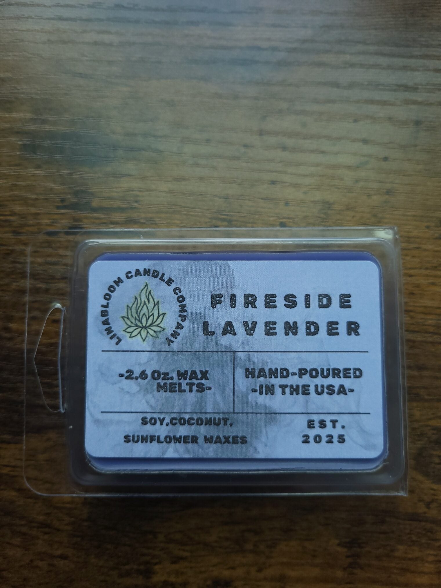 Fireside Lavender 2.6oz clamshell wax melt by LinaBloom — lavender, cedar, and woodsmoke