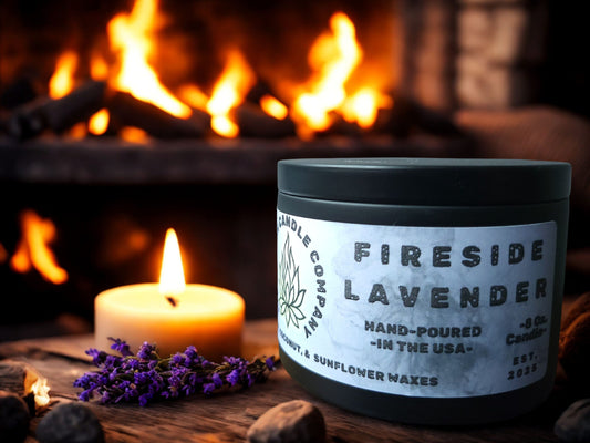 Fireside Lavender 8oz hand-poured soy candle by LinaBloom — lavender, cedar, and woodsmoke
