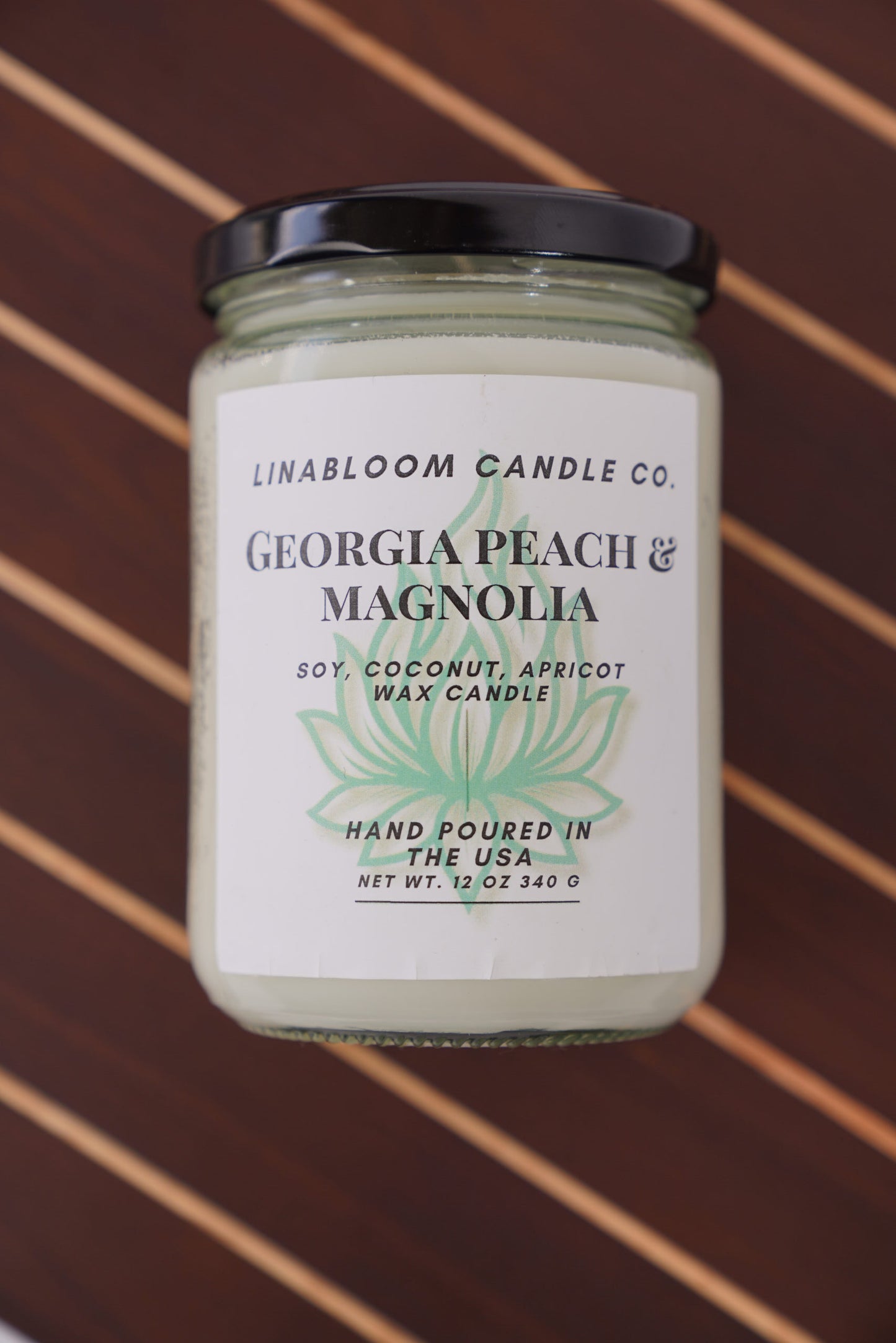 Georgia Peach Magnolia 12oz hand-poured soy candle by LinaBloom — ripe Georgia peach, magnolia, and honeysuckle