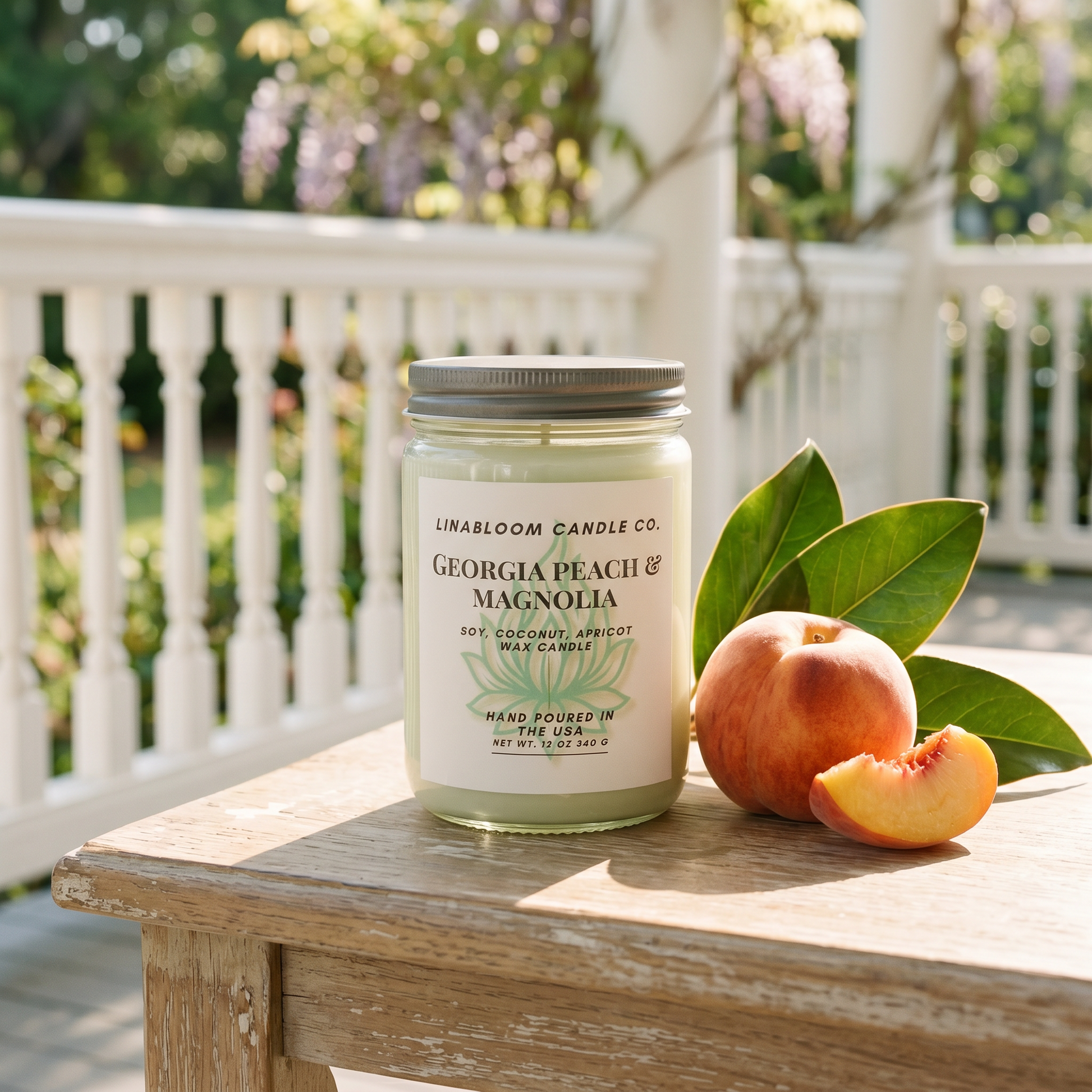Georgia Peach Magnolia 12oz LinaBloom candle on a sunlit Southern porch with a ripe Georgia peach and magnolia leaves