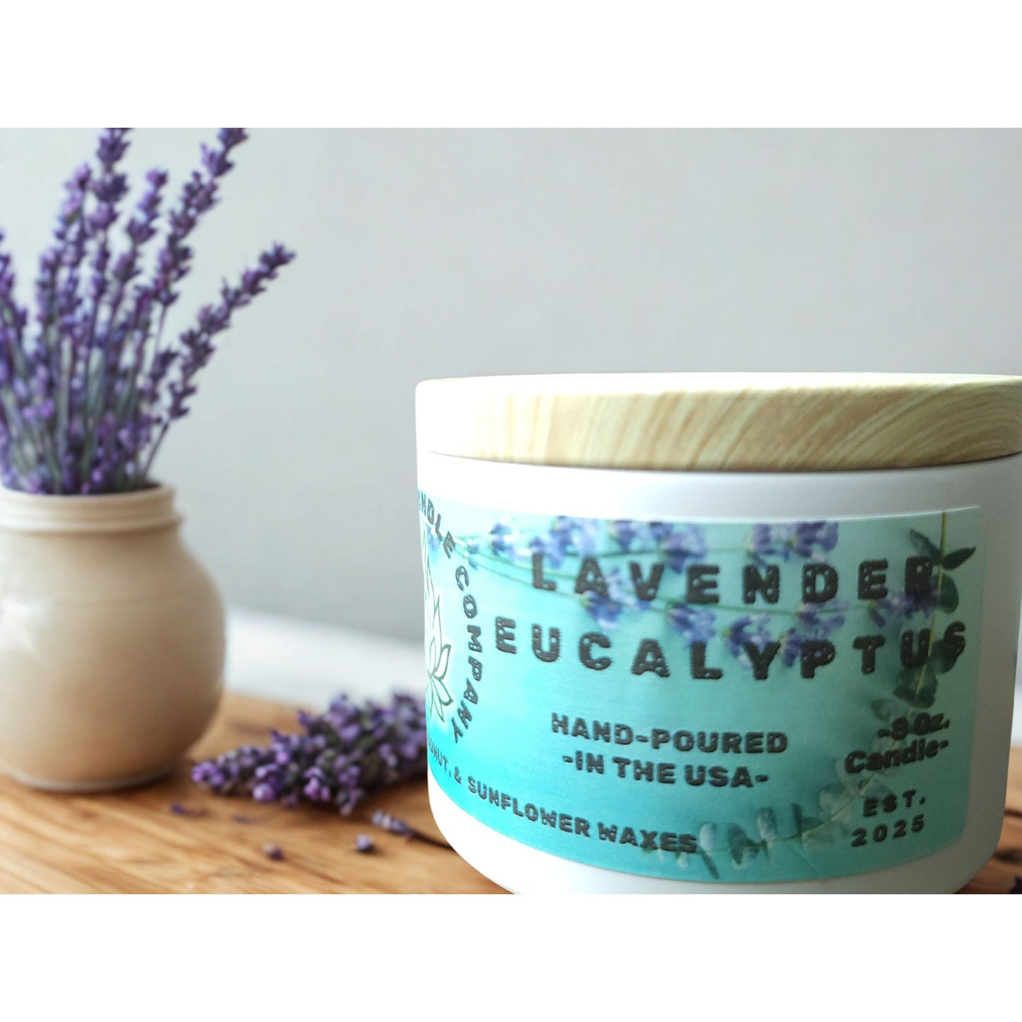 Lavender Eucalyptus 8oz hand-poured soy candle by LinaBloom — eucalyptus, lavender, spearmint, and cedar