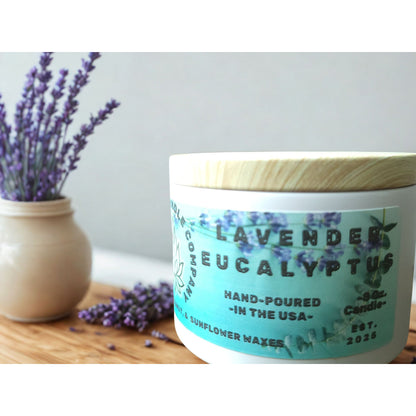 Lavender Eucalyptus 8oz hand-poured soy candle by LinaBloom — eucalyptus, lavender, spearmint, and cedar