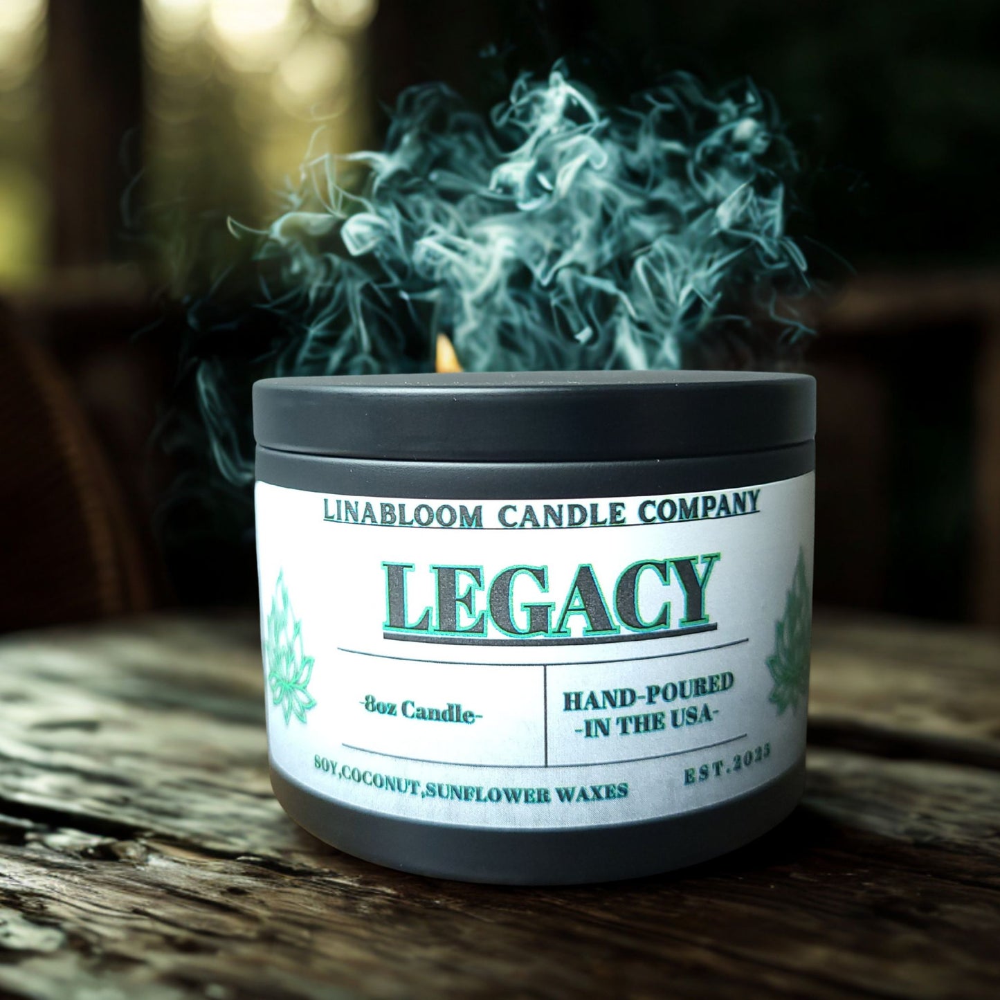 Legacy 8oz hand-poured soy candle by LinaBloom — sandalwood, amber, vetiver, and tobacco leaf