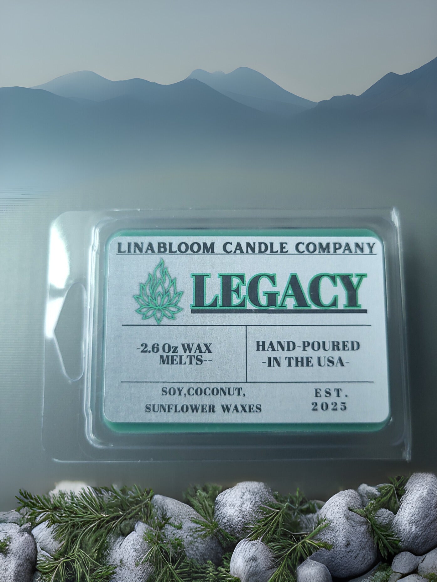 Legacy 2.6oz clamshell wax melt by LinaBloom — sandalwood, amber, and vetiver