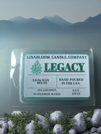Legacy 2.6oz clamshell wax melt by LinaBloom — sandalwood, amber, and vetiver