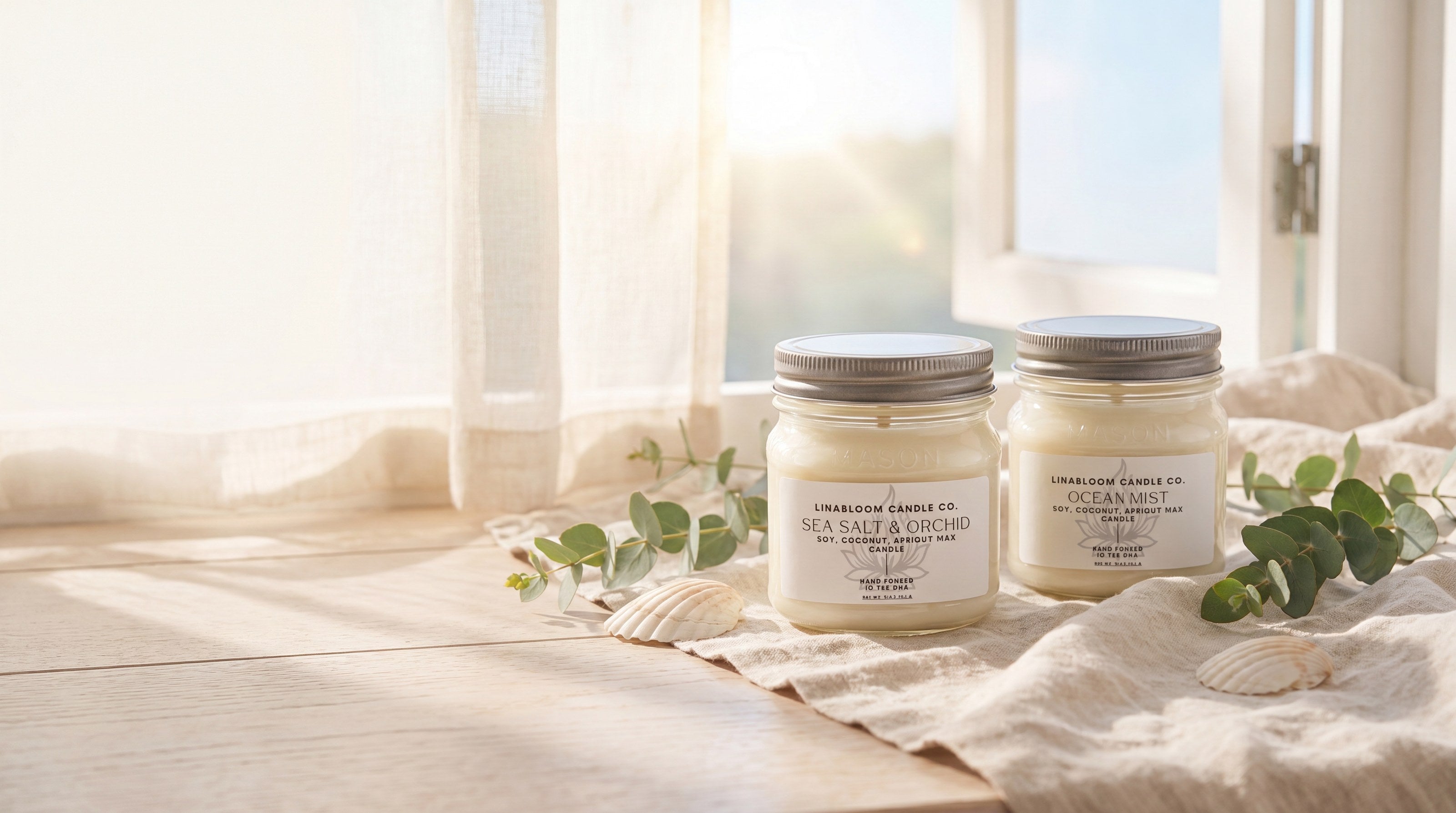 Lina Bloom Sea Salt & Orchid and Ocean Mist soy candles on a sunlit linen windowsill - bright airy summer hero banner