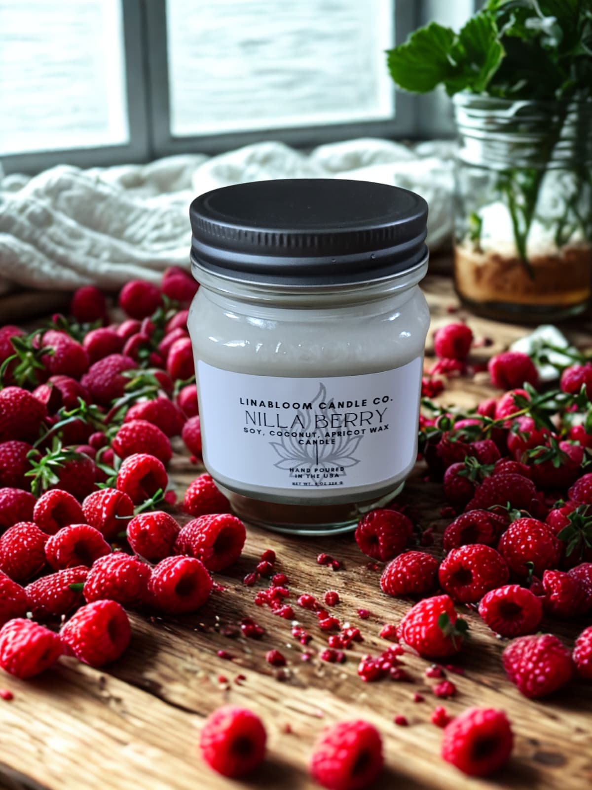 Nilla Berry 8oz hand-poured soy candle by LinaBloom — wild berry, vanilla bean, and sweet cream