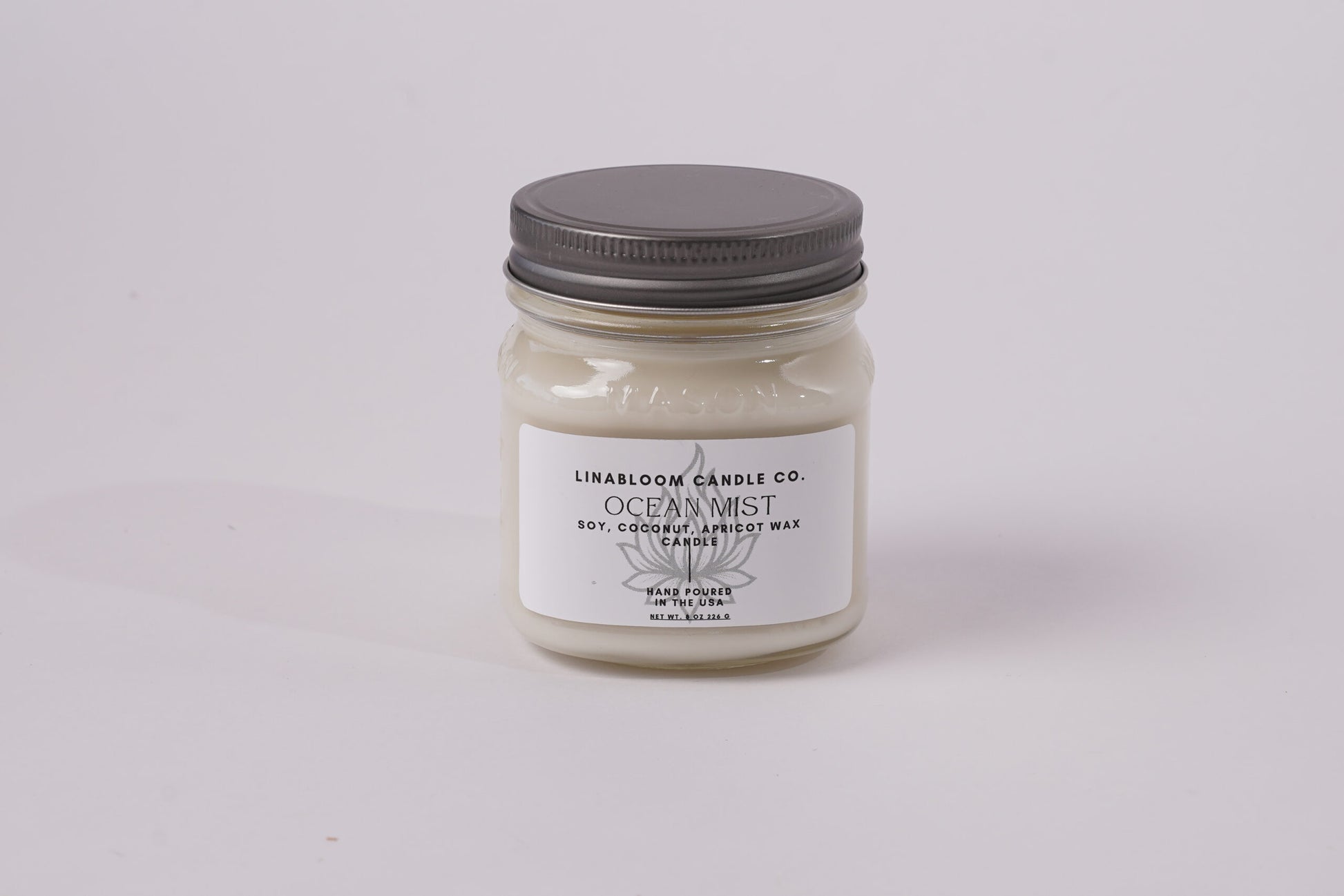 Ocean Mist 8oz hand-poured soy candle by LinaBloom — sea salt, ozone, driftwood, and linen