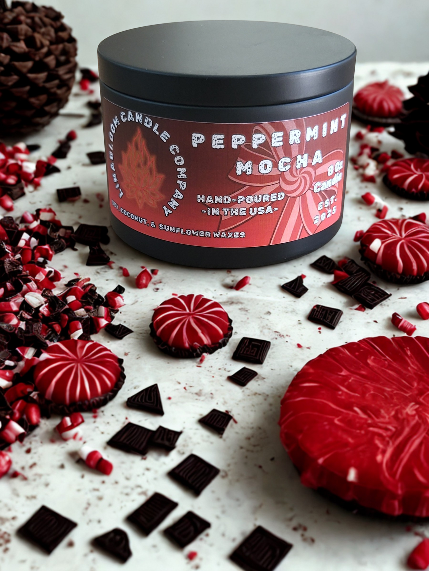 Peppermint Mocha 8oz hand-poured soy candle by LinaBloom — peppermint, cocoa nib, and espresso