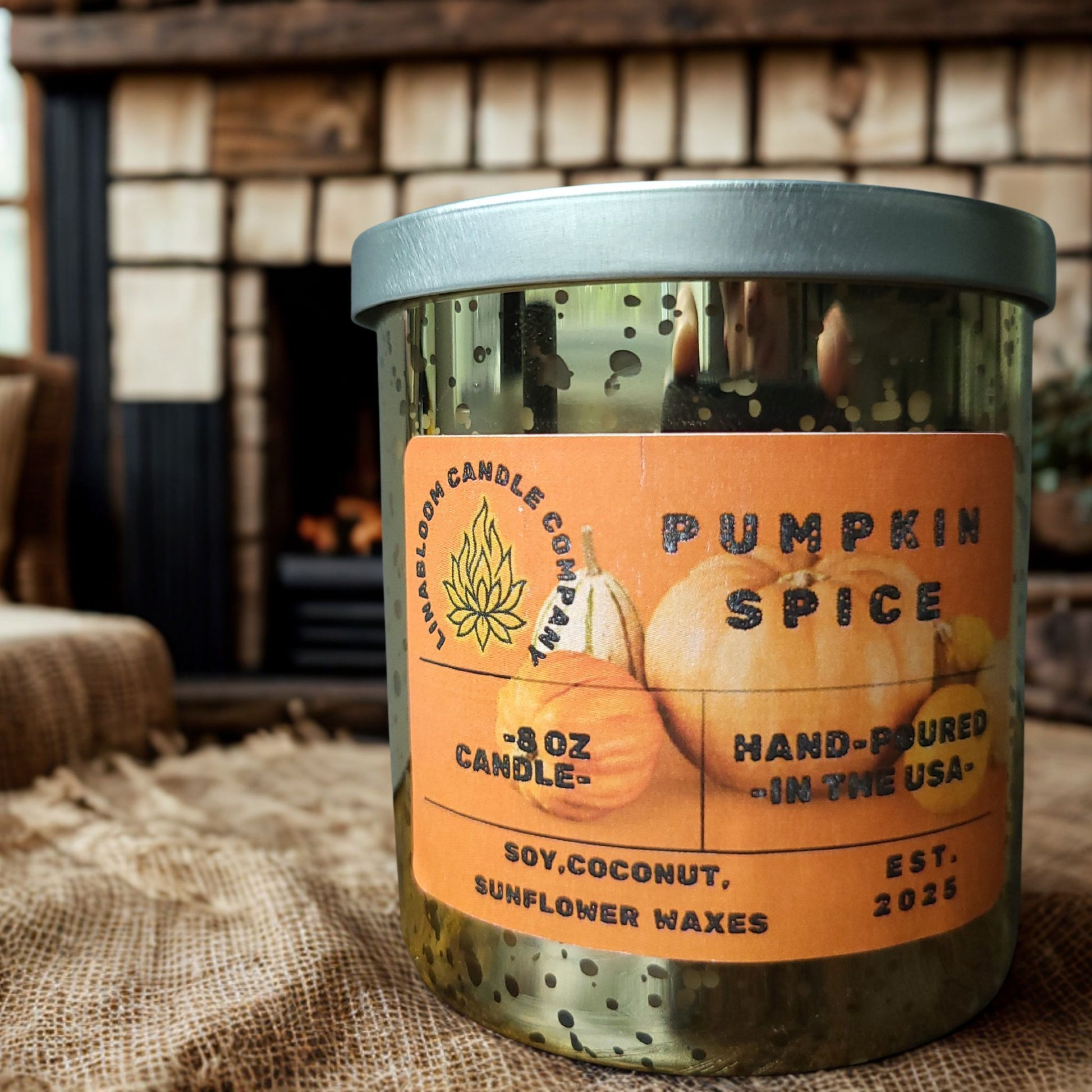 Pumpkin Spice 8oz hand-poured soy candle by LinaBloom — real pumpkin, cinnamon, clove, and brown butter