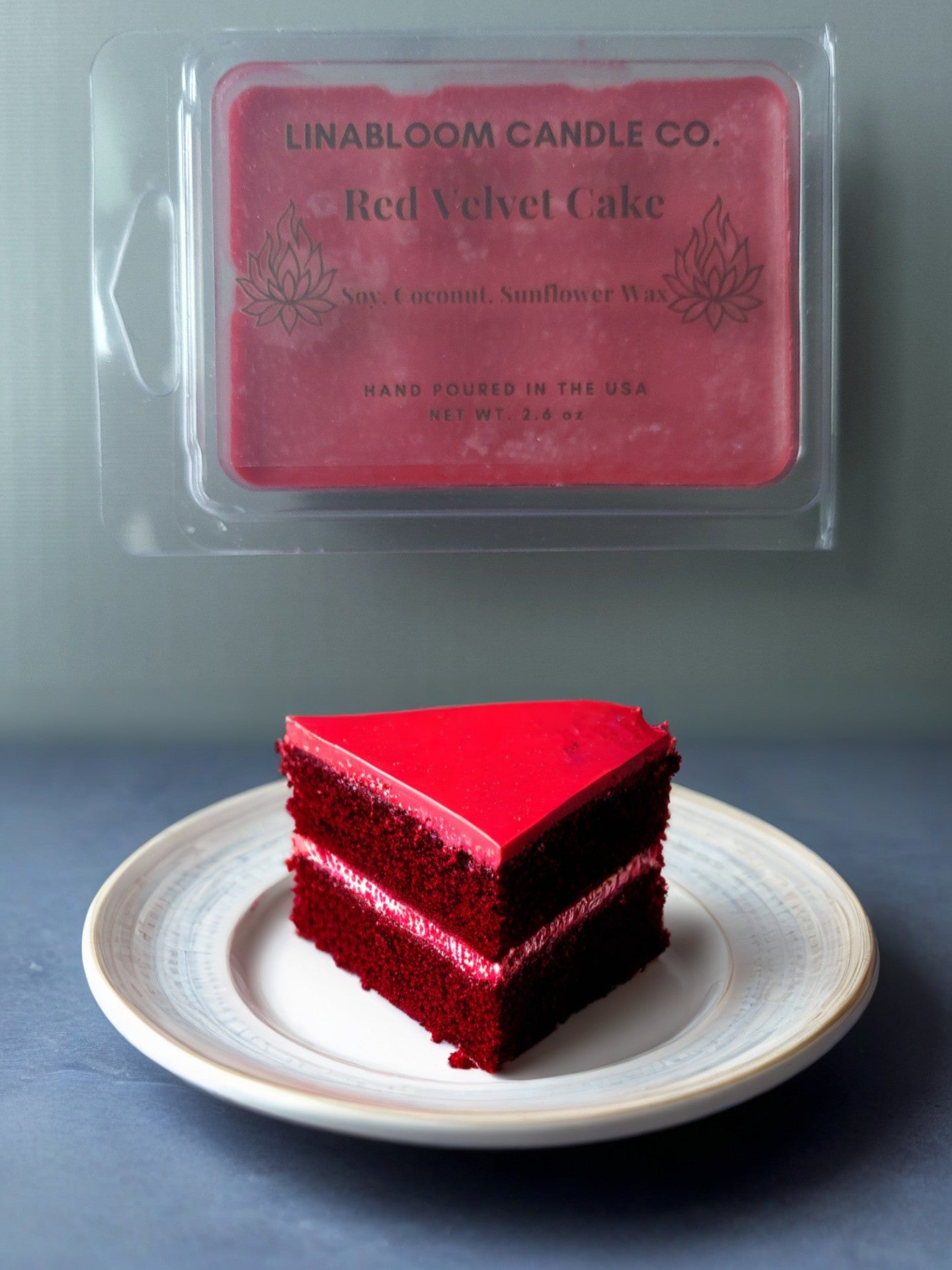 Red Velvet Cake 2.6oz clamshell wax melt by LinaBloom — cocoa, vanilla bean, and cream cheese frosting