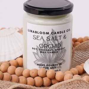Sea Salt & Orchid 12oz hand-poured soy candle by LinaBloom — sea salt, jasmine, and orchid