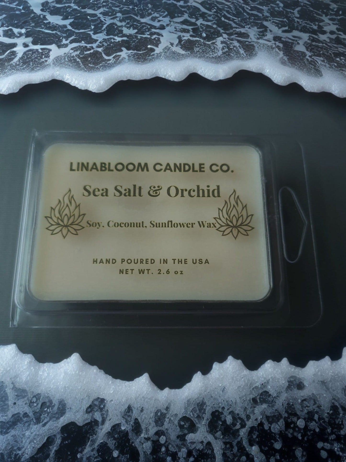 Sea Salt & Orchid 2.6oz clamshell wax melt by LinaBloom — sea salt and jasmine