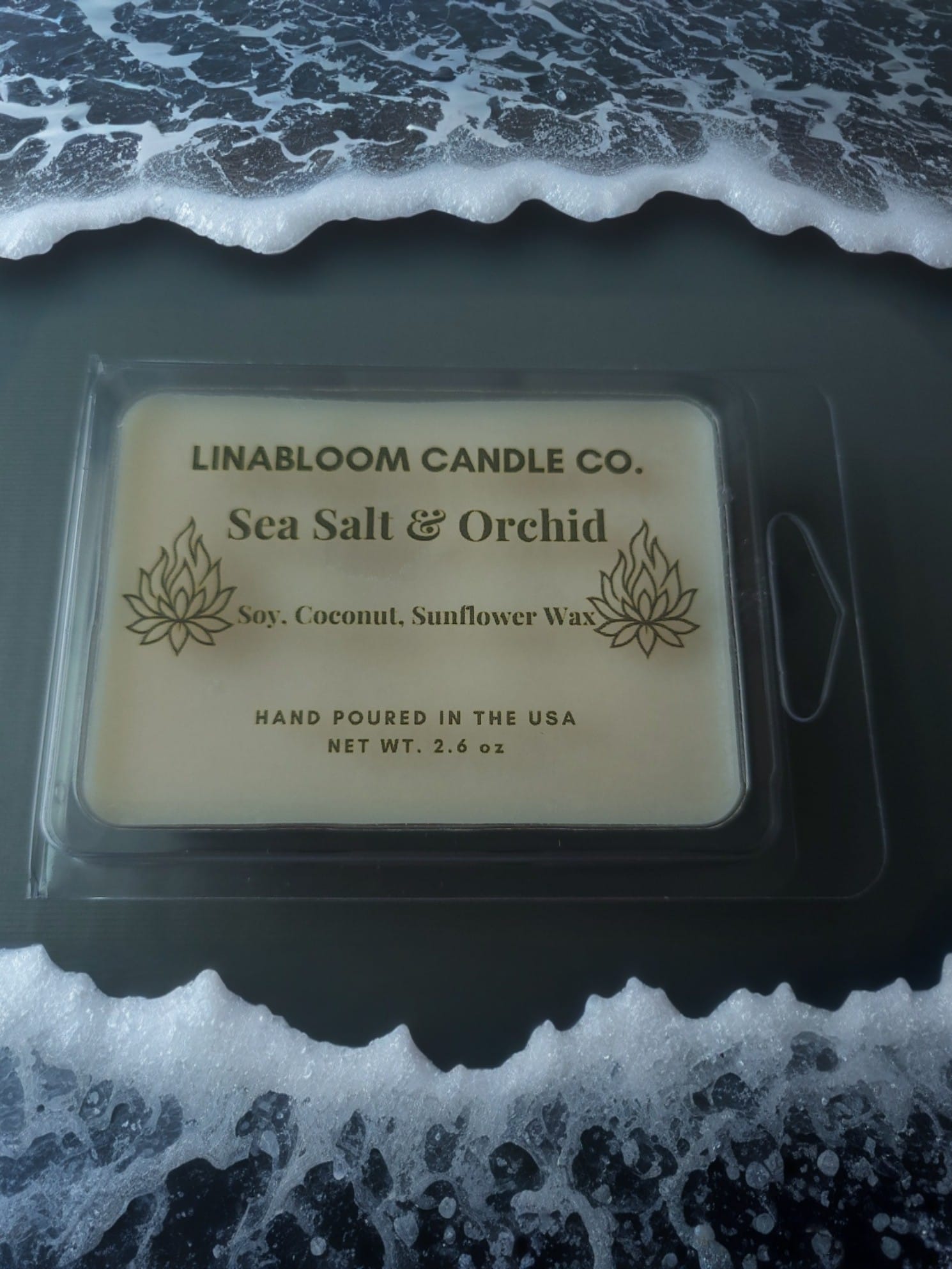 Sea Salt & Orchid 2.6oz clamshell wax melt by LinaBloom — sea salt and jasmine