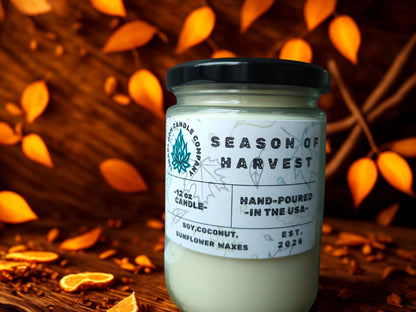 Season of Harvest 12oz hand-poured soy candle by LinaBloom — apple, clove, oak leaves, and sandalwood
