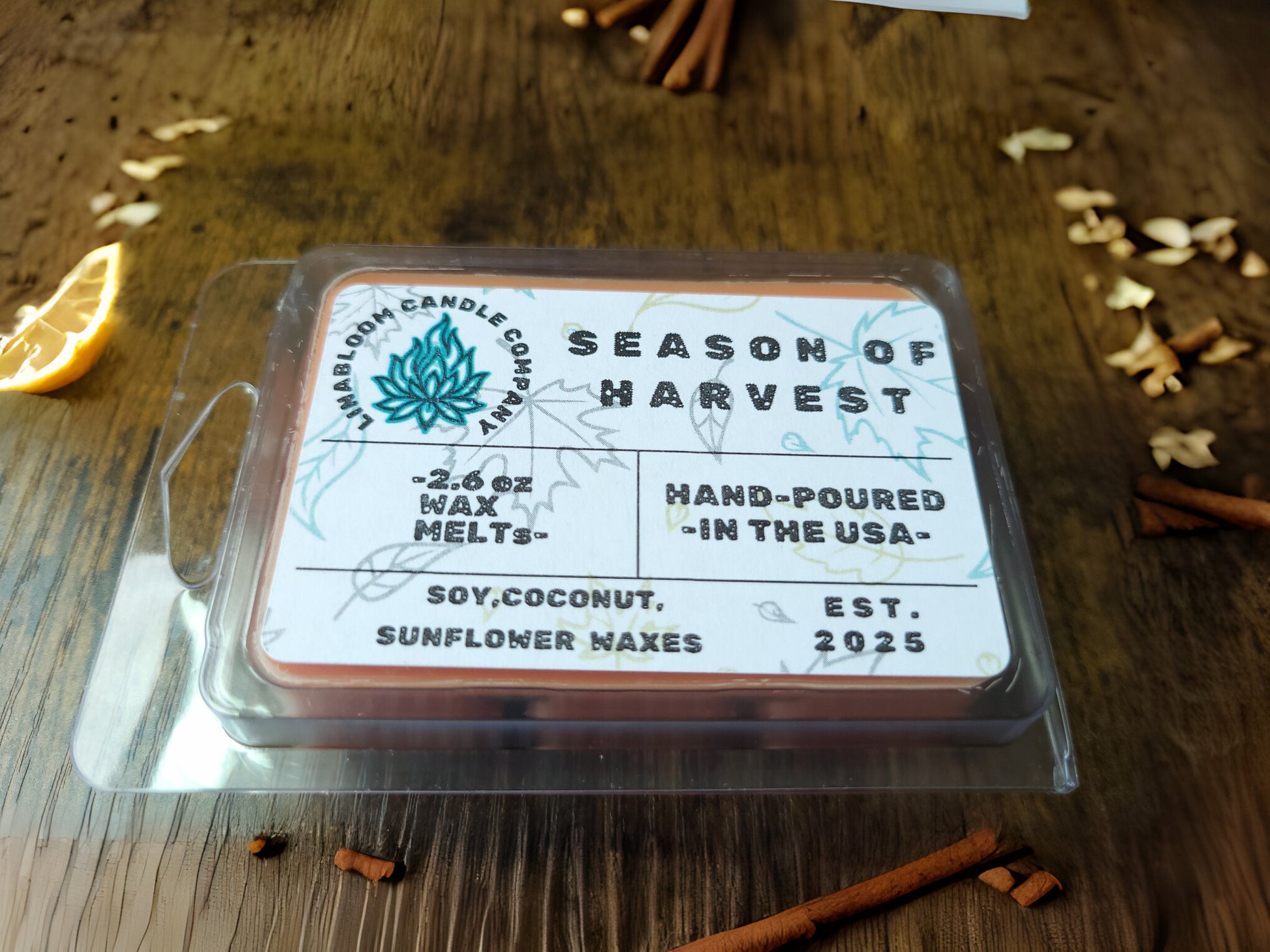 Season of Harvest 2.6oz clamshell wax melt by LinaBloom — apple, clove, and oak leaves