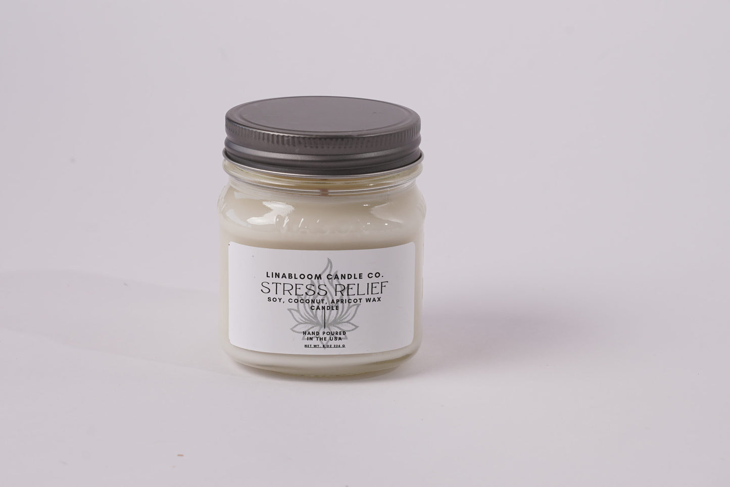 Stress Relief 8oz hand-poured soy candle by LinaBloom — lavender, chamomile, clary sage, and bergamot