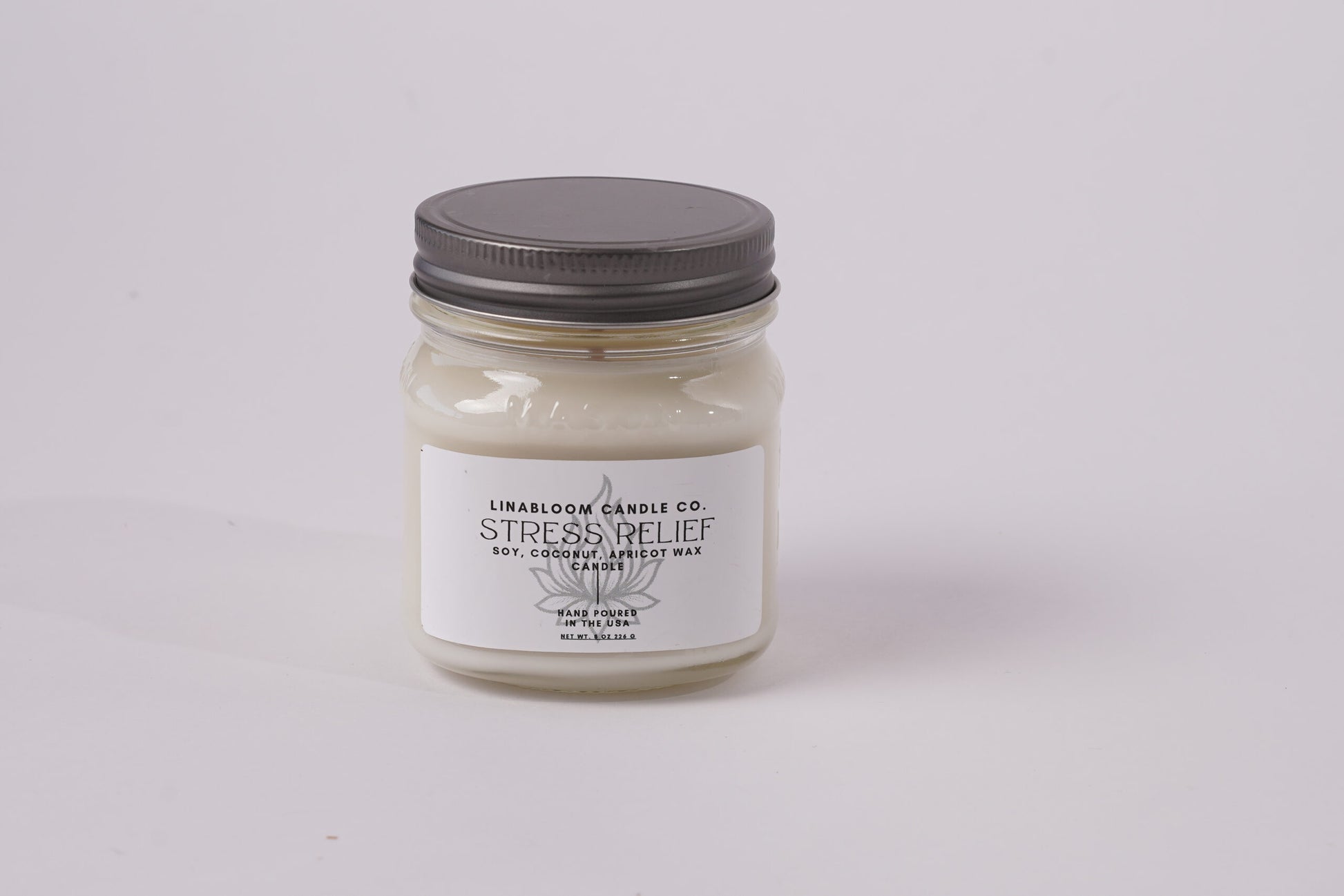 Stress Relief 8oz hand-poured soy candle by LinaBloom — lavender, chamomile, clary sage, and bergamot