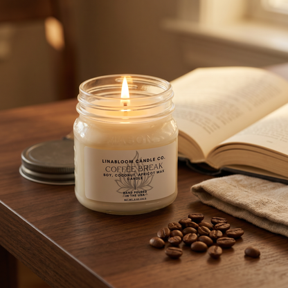 Coffee Break 8oz LinaBloom candle lit beside an open book and coffee beans on a warm morning desk