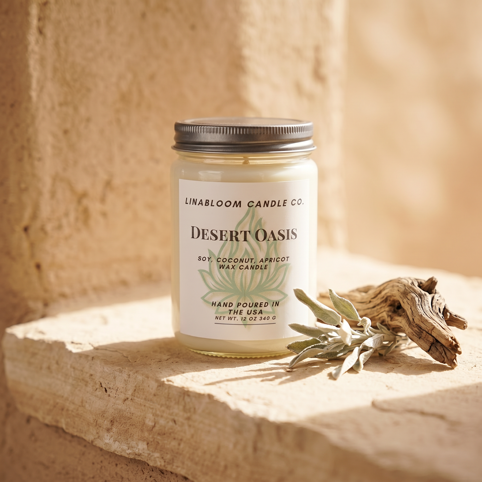 Desert Oasis 12oz LinaBloom candle on a sunlit sandstone ledge with dried sage and weathered cedar