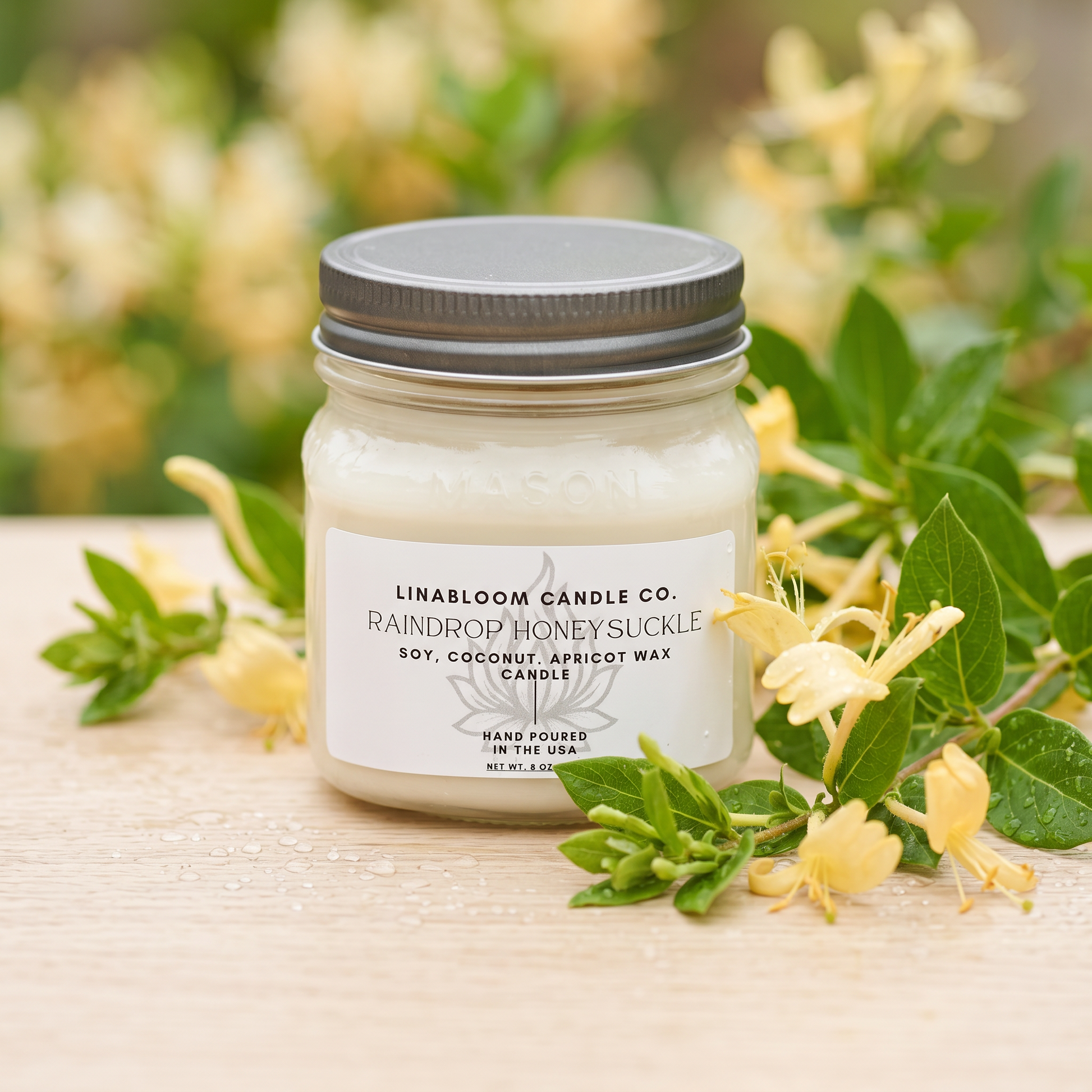 Raindrop Honeysuckle 8oz LinaBloom candle on pale oak with fresh honeysuckle vine, green leaves, and water droplets