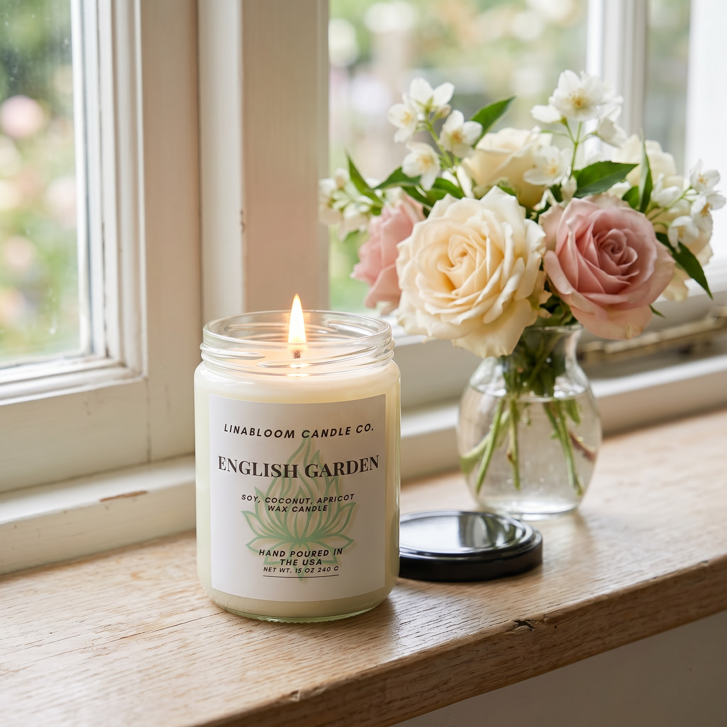 English Garden 12oz LinaBloom candle lit on a windowsill beside a vase of roses and jasmine